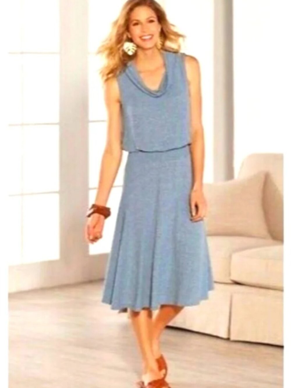 NWT Soft Surroundings Kerry Dress Women's Small Petite Blue Sleeveless Cowl Neck